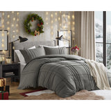 Grid Pattern Soft Washed Pleated Duvet Cover Set, Grey