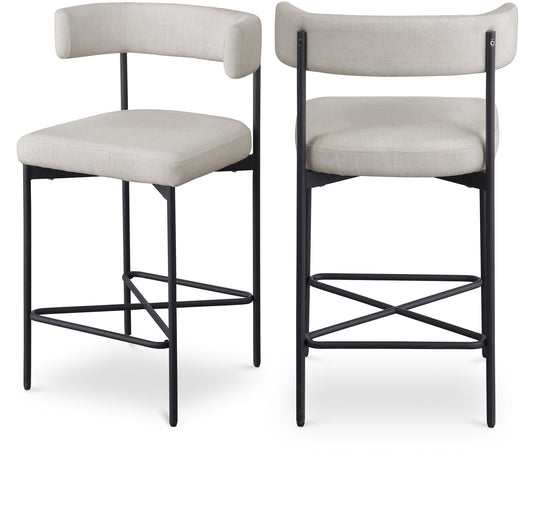 Rivage Stool Set of 2 - Elegant Linen Upholstered Bar Stools with Matte Black Metal Frame Comfort