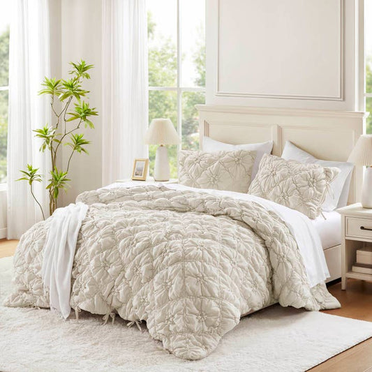 Bowtie Lightweight Puffy Floral Comforter Set, Ivory