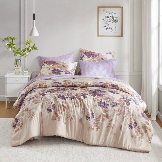 Watercolor Floral Comforter Set with Bed Sheets, Taupe