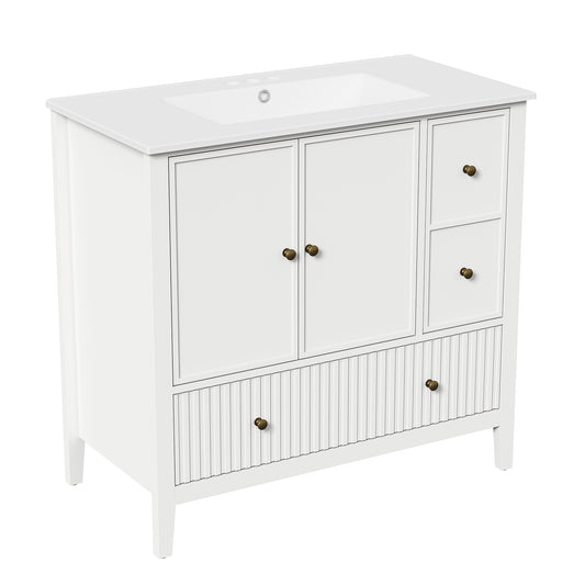 36'' Bathroom Vanity with Sink, Doors and Fluted Drawers