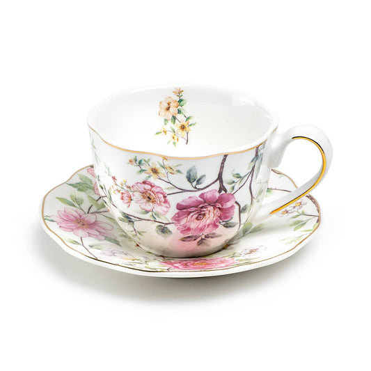 Pink Camellia Scallop Porcelain Tea Cup Set