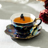 Crow Red Roses Gothic Black Gold Luster Tea Cup and Saucer Set