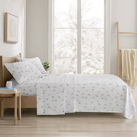 Winter Flannel Cotton Sheet Set, Ski, Light Grey