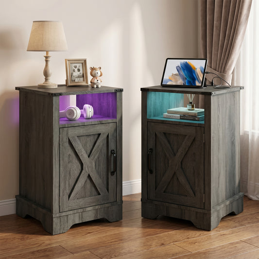 2-Pack Wooden Led Nightstand with Charging Station