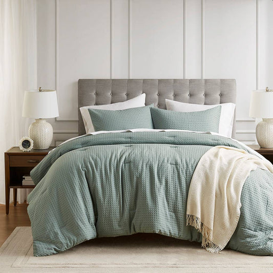 Wholesale Waffle Weave Textured All Season Comforter Set, Sage Green