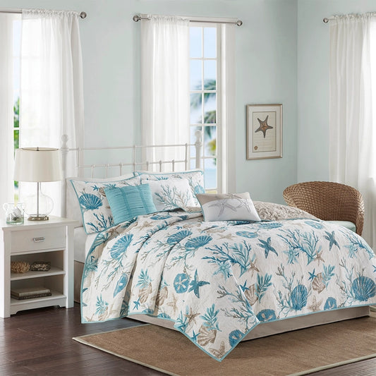 6 Piece Coastal Cotton Sateen Quilt Set, Aqua