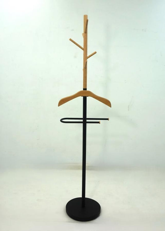 Lewis Freestanding Valet Coat Rack with Light Oak Hanger and Black Frame