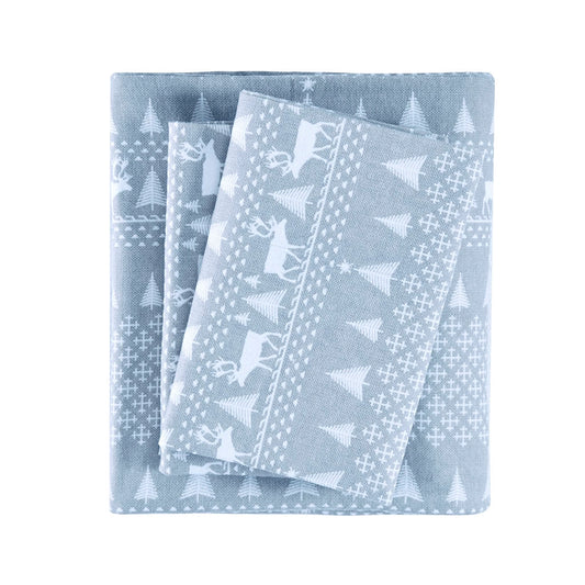 Cotton Flannel Winter Sheet Set, Winter Forest Blue