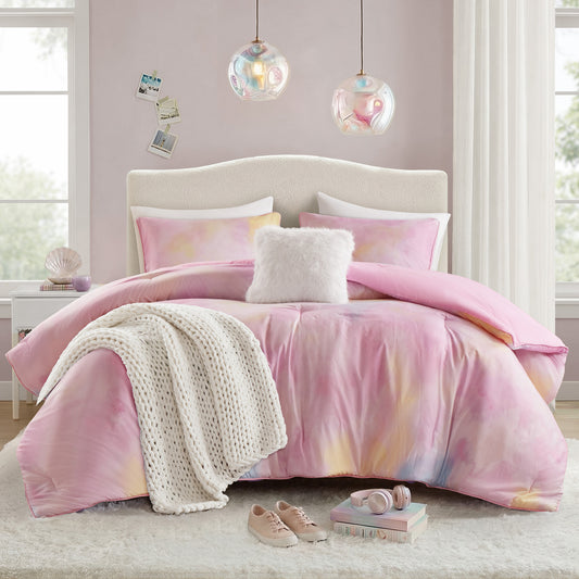 Watercolor Tie Dye Comforter Set with Throw Pillow, Pink