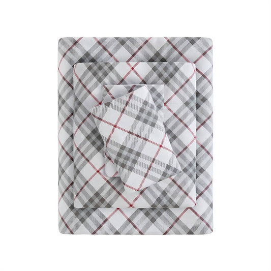 Flannel Cotton Winter Sheet Set, Plaid, Red/Grey