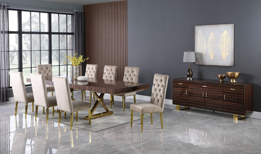 Excel Extendable Dining Table with Zebra Wood Veneer Top & Gold Base - Perfect for Gatherings!