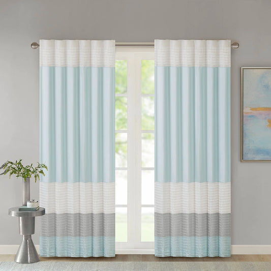 Color Block Stripes Polyoni Pintuck Curtain Panel, Aqua