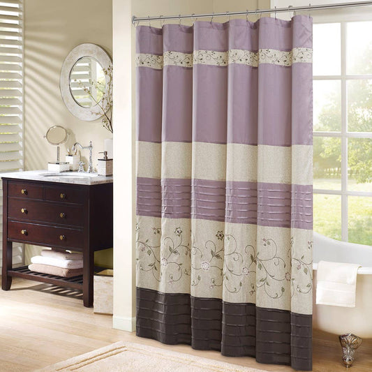 Faux Silk Embroidered Shower Curtain, Lavender Purple/Brown