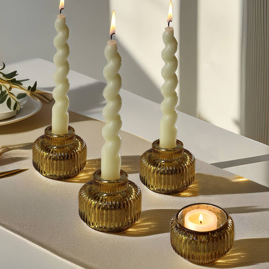 Gold Fluted Glass Taper Candle Holders Set of 4