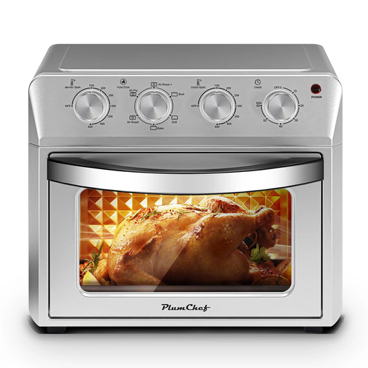 Plum Chef Large Capacity Air Fryer Oven 27.5QT, 6-in-1 Countertop Convection Oven, Air Fry, Bake, Broil, Toast, 4 Knob Control, 1600W, Family Size, Stainless Steel, Silver
