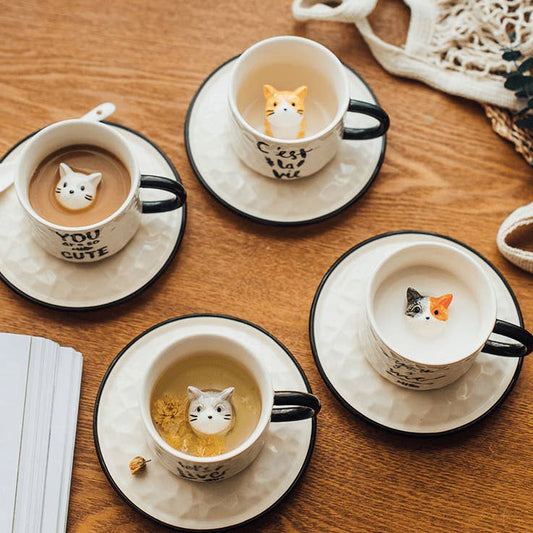 Cat Ceramic Mug With Saucer Coffee Cup Set