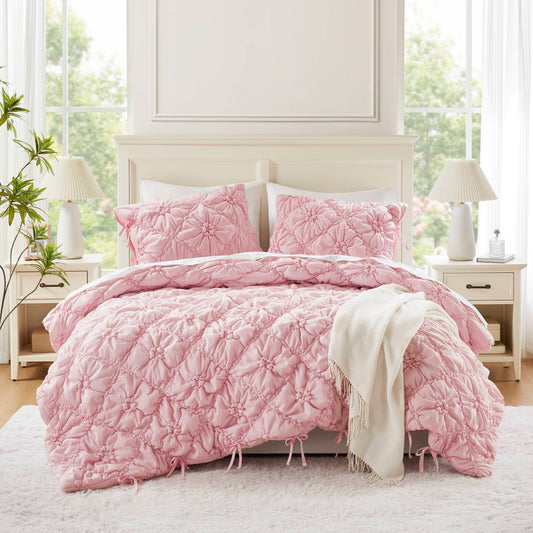 Bowtie Piece Lightweight Puffy Floral Comforter Set, Pink