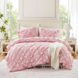 Bowtie Piece Lightweight Puffy Floral Comforter Set, Pink
