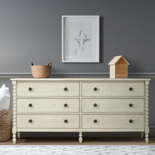 70"W 6-Drawer Large Spindle Wood Dresser, Antique Cream *