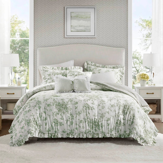 Vintage Comforter Set with Decorative Pillows, Green