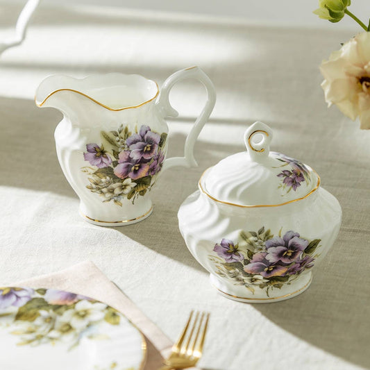 Gracie Bone China Purple Pansy Sugar & Creamer Set