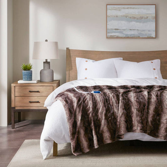Heated 50x70" Faux Long Fur Electric Throw Blanket, Brown