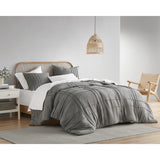 Grid Pattern Soft Washed Pleated Duvet Cover Set, Grey