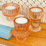 Rose Gold Ribbed Glass Candle Holders Set of 6
