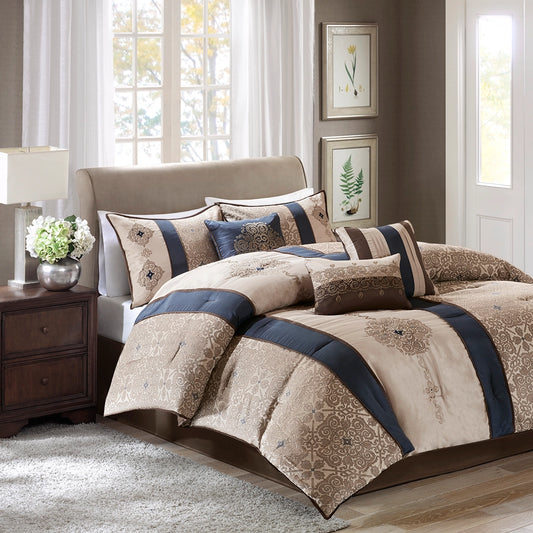 Jacquard Medallion 7-Piece Comforter Set, Navy Blue