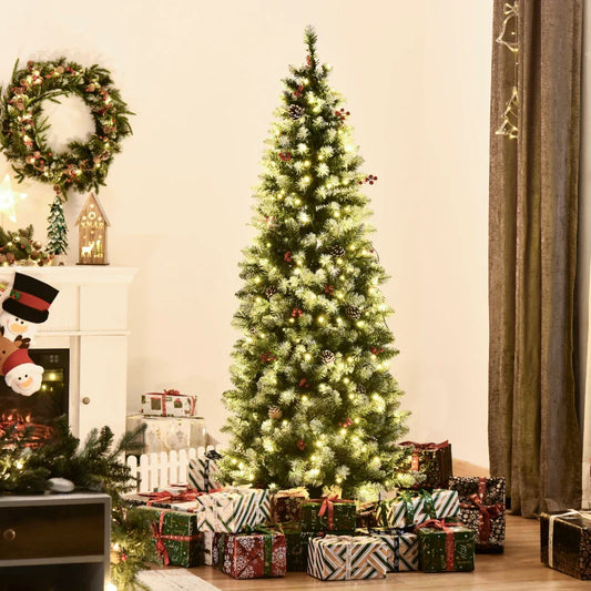 HOMCOM 6ft Pre-Lit Snow-Dipped Artificial Christmas Tree with Realistic Branches, 300 LED Lights, Pine Cones, Red Berries and 618 Tips