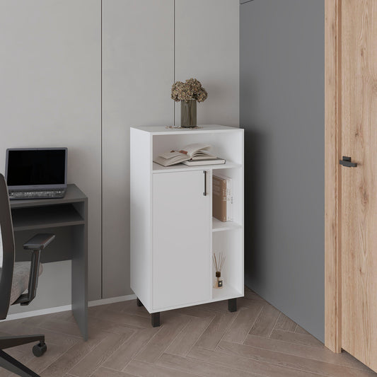 Bryce Base Cabinet, Compact Organizer with One Door, Multiple Open Shelves, and Top Display Space, Modern Freestanding Storage Cabinet for Books, Accessories, and Everyday Essentials, Ideal for Small Rooms
