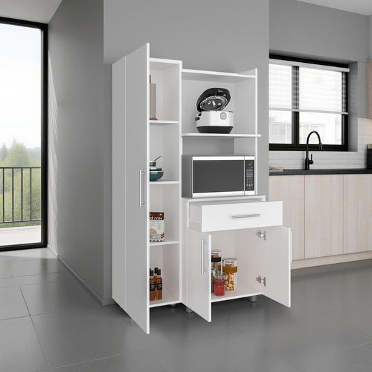 Pantress Complete Kitchen Pantry and Microwave Cabinet with One Door Side Kitchen Storage Cabinet, Compact Countertop, One Drawer, One Small Cabinet and, One Open Shelf