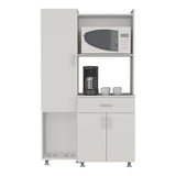 Pantress Complete Pete Kitchen Pantry and Microwave Cabinet with Three Side Storage Shelves, Built-In Pet Station, Compact Countertop, One Drawer, One Small Cabinet and, One Open Shelf