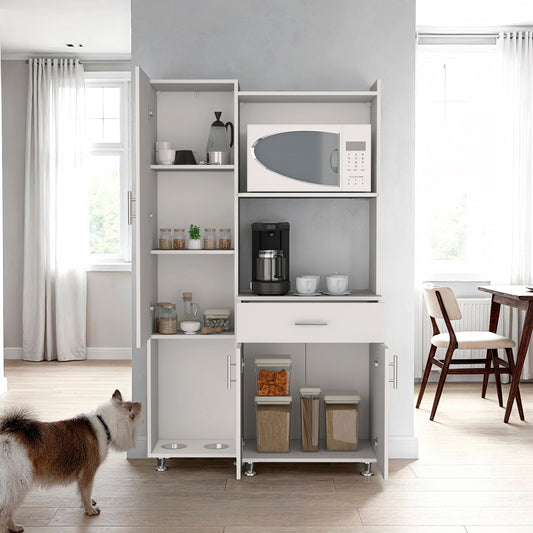 Pantress Complete Pete Kitchen Pantry and Microwave Cabinet with Three Side Storage Shelves, Built-In Pet Station, Compact Countertop, One Drawer, One Small Cabinet and, One Open Shelf