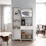 Pantress Complete Pete Kitchen Pantry and Microwave Cabinet with Three Side Storage Shelves, Built-In Pet Station, Compact Countertop, One Drawer, One Small Cabinet and, One Open Shelf