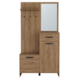 Parker 75" Tall Mirrored Hall Tree with Three Shelves, Two Storage Cabinets, One Drawer & Coat Hangers, Entryway Storage Organizer and Console Table for Living Room or Foyer