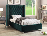 Aiden Velvet Bed - Elegant Wing Design with Deep Tufting, Chrome Nailheads & Solid Wood Frame