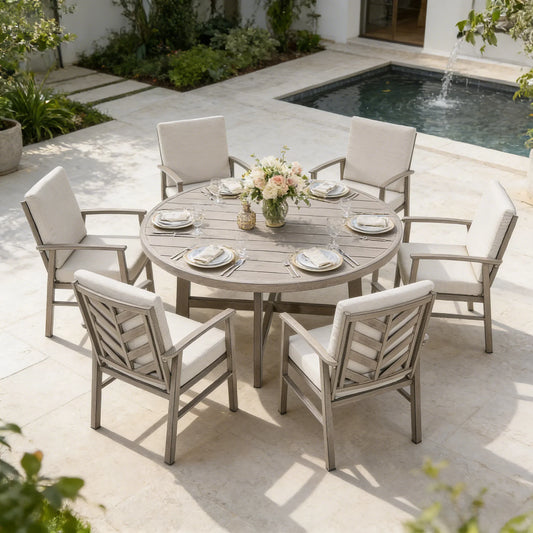 Amario 6 Person Aluminum Patio Round Dining Set With Sunbrella® Cushions