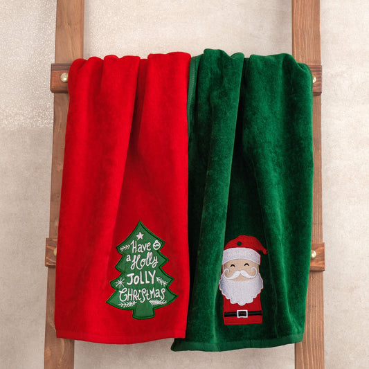 American Soft Linen Christmas Towels Bathroom Set, 2 Packed Embroidered Decorative 100% Cotton Hand Towels, Dish Towels for Decor Xmas