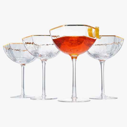 Vintage Crystal Champagne Coupe Gold Rim Hexagonal Angled Glasses | Set of 4 | 6 oz