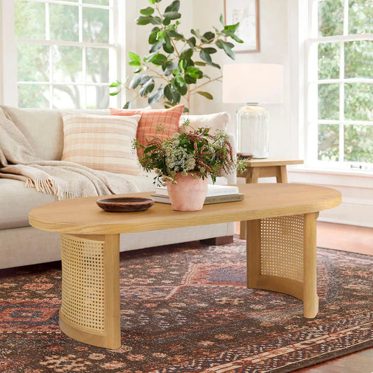Aodai 48" Oak Wood & Rattan Oval Coffee Table
