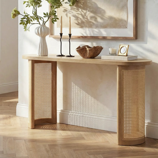 Aodai 60" Modern Oak Wood & Rattan Console Table