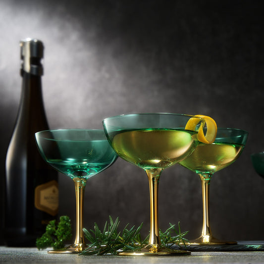 Colored Coupe Art Deco Glasses, Gold | Set of 2 | 12 oz