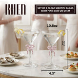 Clear Martini Glass with Pink Bow on Stem, Set of 2