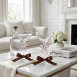 Clear Martini Glass with Pink Bow on Stem, Set of 2