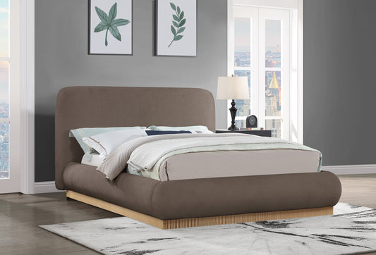 Rigby Art Deco King Bed in Rich Brown Linen Fabric with Fully Slatted Design and Natural Finish