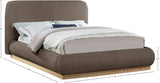 Rigby Art Deco King Bed in Rich Brown Linen Fabric with Fully Slatted Design and Natural Finish