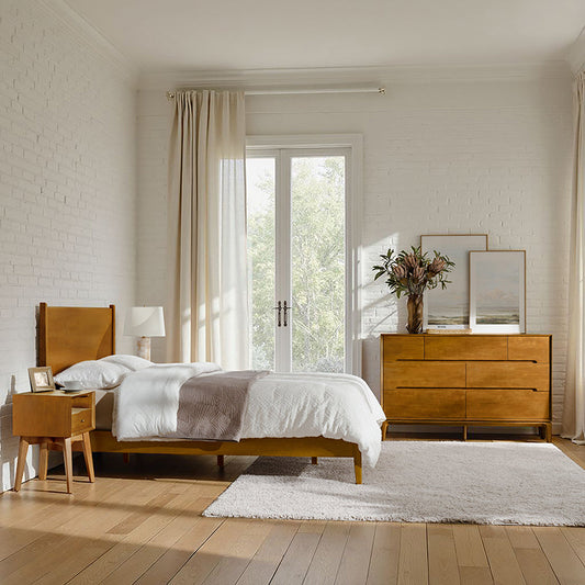 4-Piece Mid-Century Modern Solid Wood Bedroom Set with USB Nightstands & Dresser