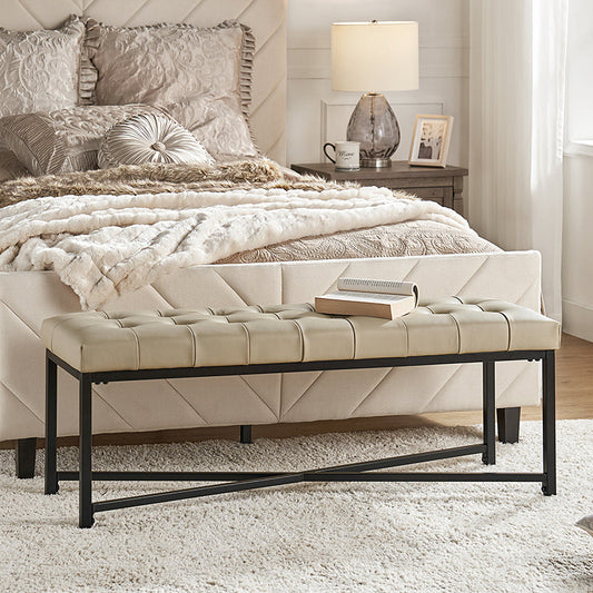 Genuine Leather Bench with Button-Tufted Design